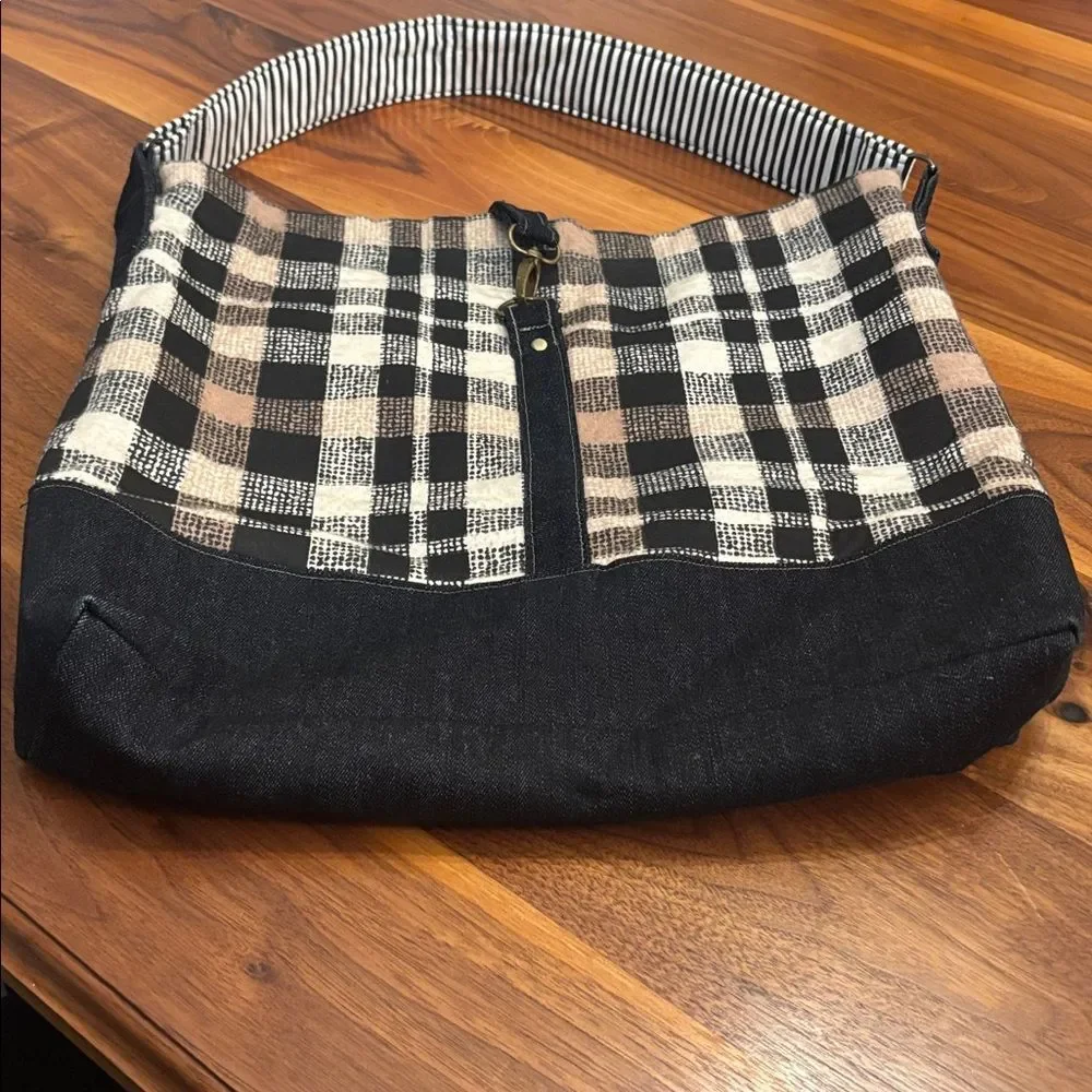 Large Hobo Striped Black White Brown Plaid Denim Purse Handbag